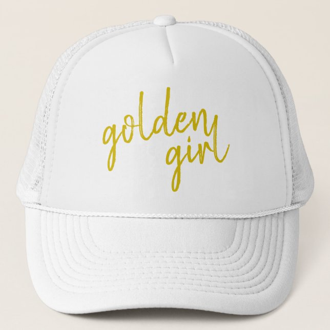 Golden Girl | Modern Gold Script Trucker Hat (Front)