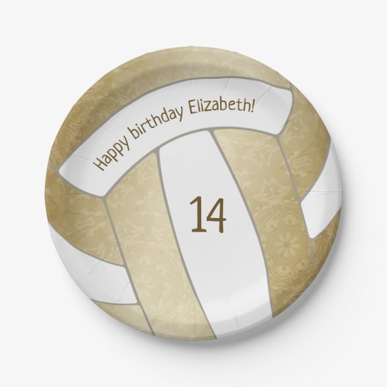 golden girly volleyball birthday party paper plates