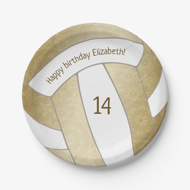 golden girly volleyball birthday party paper plates (Front)