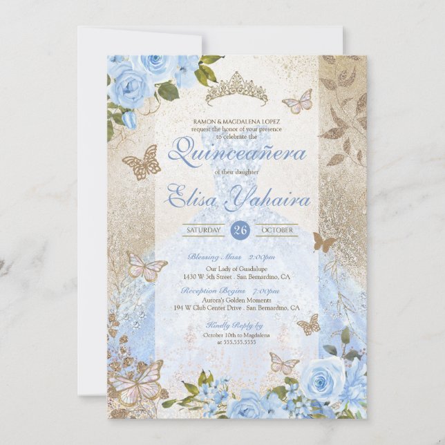 Golden Glam Cinderella Blue Butterfly Quinceanera Invitation (Front)