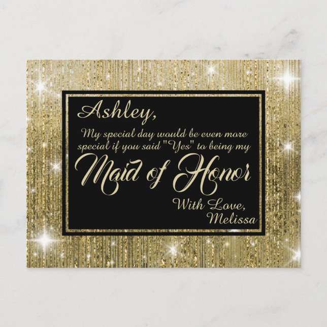 Golden Glam - Will You Be My Maid of Honor? Invitation Postcard (Front)