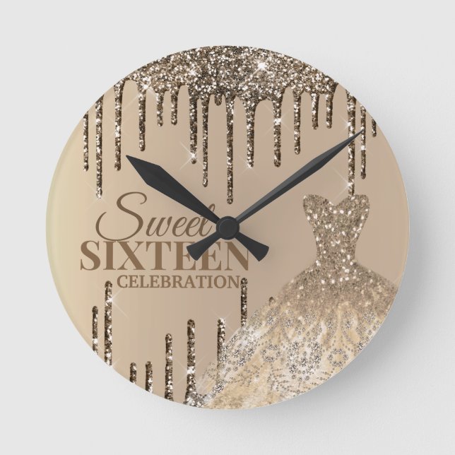 Golden Glamor Glitter Spark Drip Sweet 16 Birthday Round Clock (Front)
