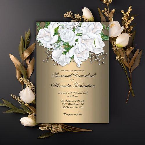 Golden Glamour and White Bridal Bouquet Wedding Invitation