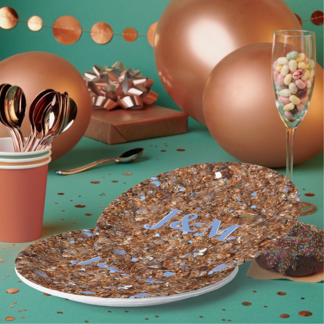 Golden Glass Bronze with Initials Paper Plates (Multi)