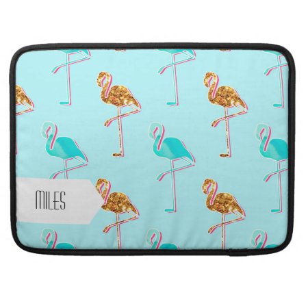 Golden Glitter And Blue Flamingo Pattern Macbook Pro Sleeve
