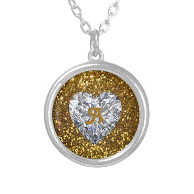 Golden Glitter and Heart Diamond Silver Plated Necklace (Front)