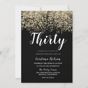 Golden Glitter Black Mens or Womans 30th Birthday Invitation