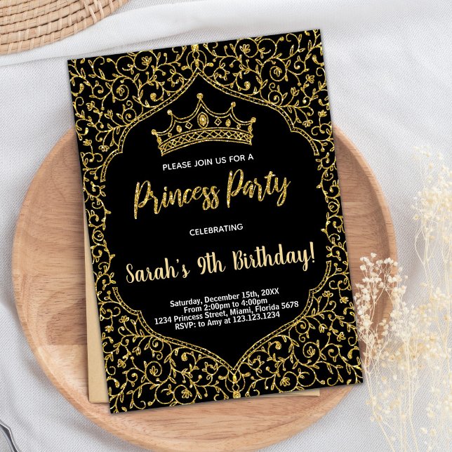 Golden Glitter Black Pink Princess Birthday Invitation (Golden Glitter Black Pink Princess Birthday Invitation)