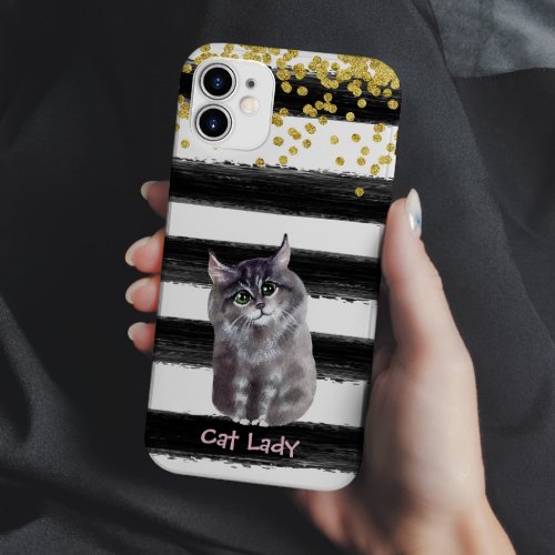 Golden Glitter Black Stripes Cat Illustration iPhone 13 Pro Max Case