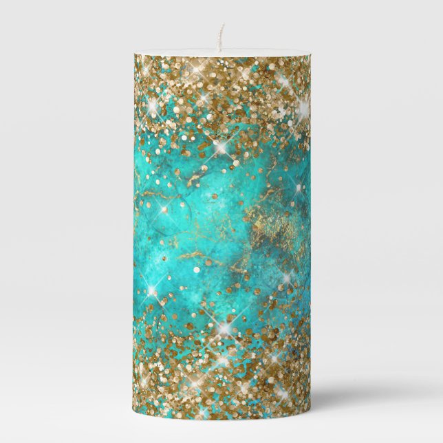 Golden Glitter Blue Turquoise Gemstone Fire Glam Pillar Candle (Front)
