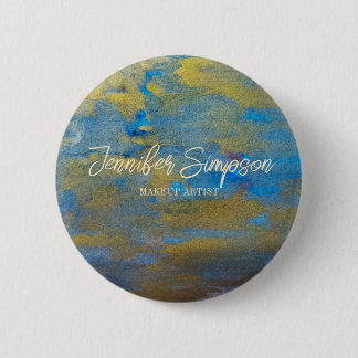 Golden Glitter Blue Watercolor Abstract Name Button