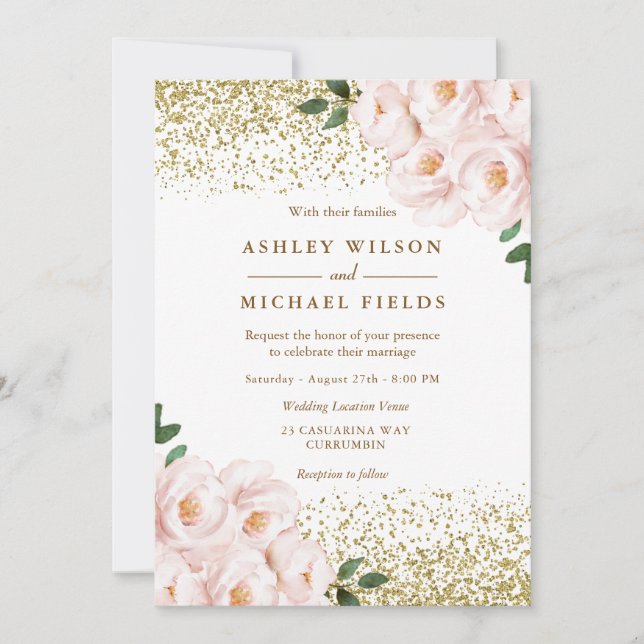 Golden Glitter Blush Flowers Elegant Wedding Invitation (Front)