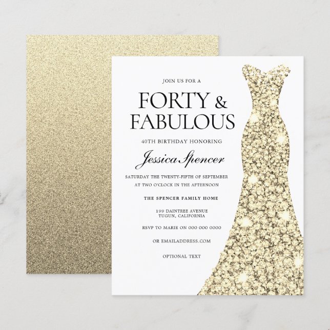 Golden Glitter Dress 40th Birthday Budget Invite (Front/Back)