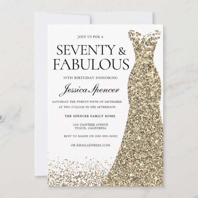 Golden Glitter Dress Fabulous 70th Birthday party Invitation (Front)