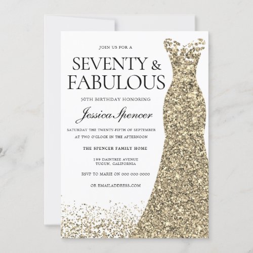 Golden Glitter Dress Fabulous 70th Birthday party Invitation