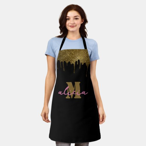 Golden Glitter Drip Personalized Monogram Apron