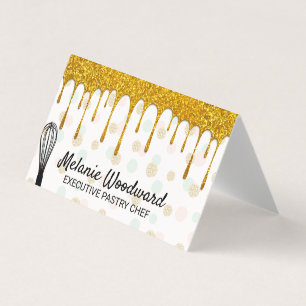 Golden Glitter Drip Polka Dot and Whisk Business Card