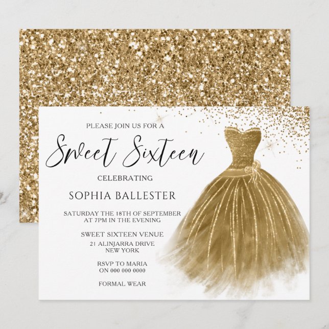 Golden Glitter Gold Gown Dress Sweet 16 Invitation (Front/Back)