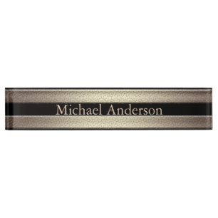 Golden glitter gradient striped lined stripes blac desk name plate