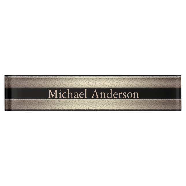 Golden glitter gradient striped lined stripes blac desk name plate (Front)