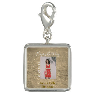 Golden glitter happy 15th birthday photo name year charm