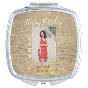 Golden glitter happy 15th birthday photo name year compact mirror
