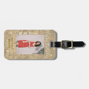 Golden glitter happy 15th birthday photo name year luggage tag