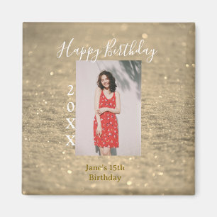 Golden glitter happy 15th birthday photo name year magnet