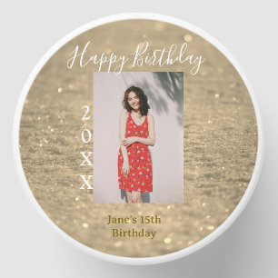 Golden glitter happy 15th birthday photo name year mini candle favors