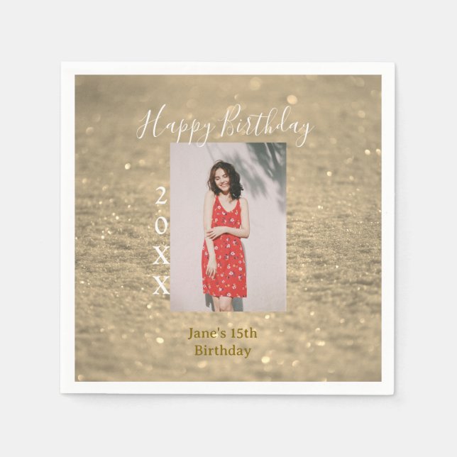Golden glitter happy 15th birthday photo name year napkins (Front)