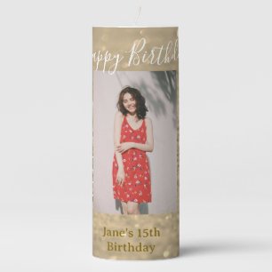 Golden glitter happy 15th birthday photo name year pillar candle