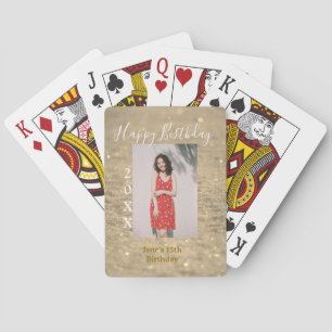 Golden glitter happy 15th birthday photo name year poker cards