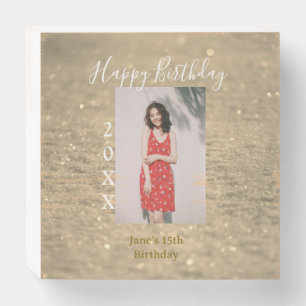 Golden glitter happy 15th birthday photo name year wooden box sign