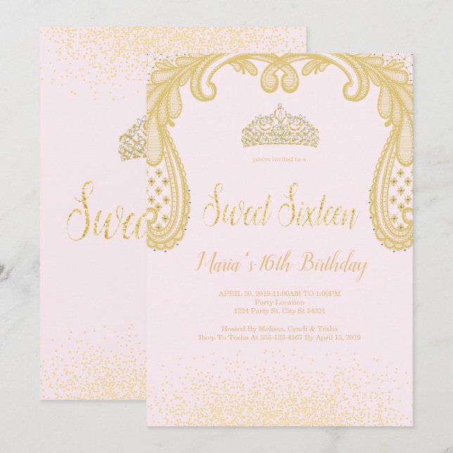 Golden Glitter & Lace, Sweet 16 Invitations (Front/Back)