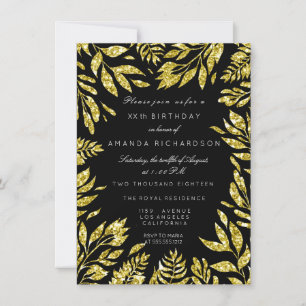 Golden Glitter Leafs Floral Frame Black Glam Bithd Invitation