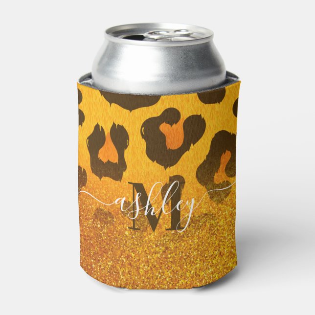 Golden Glitter Leopard Print Can Cooler (Can Front)