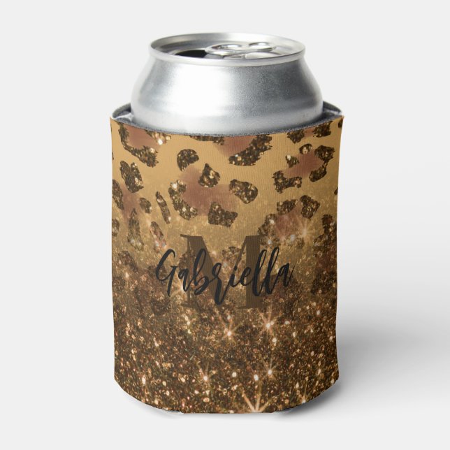 Golden Glitter Leopard Print Can Cooler (Can Front)