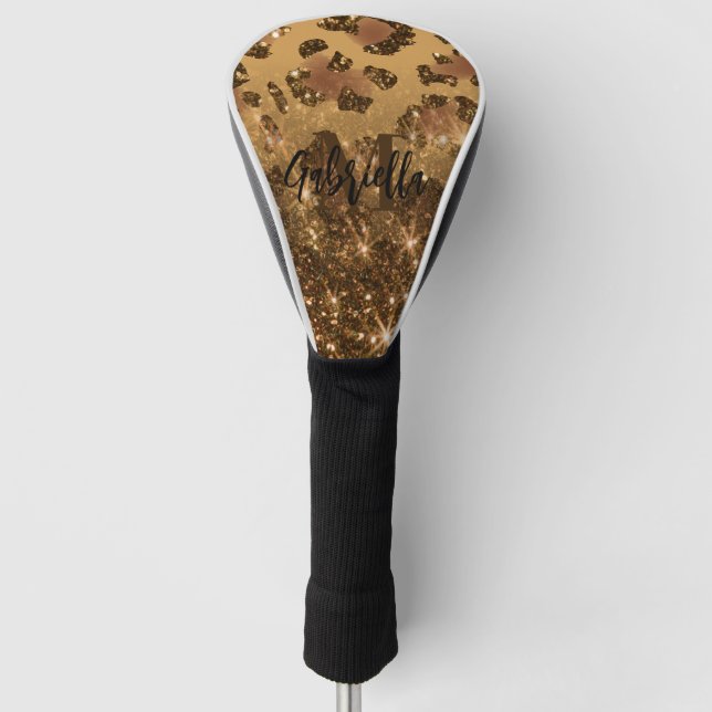 Golden Glitter Leopard Print Golf Head Cover (Front)