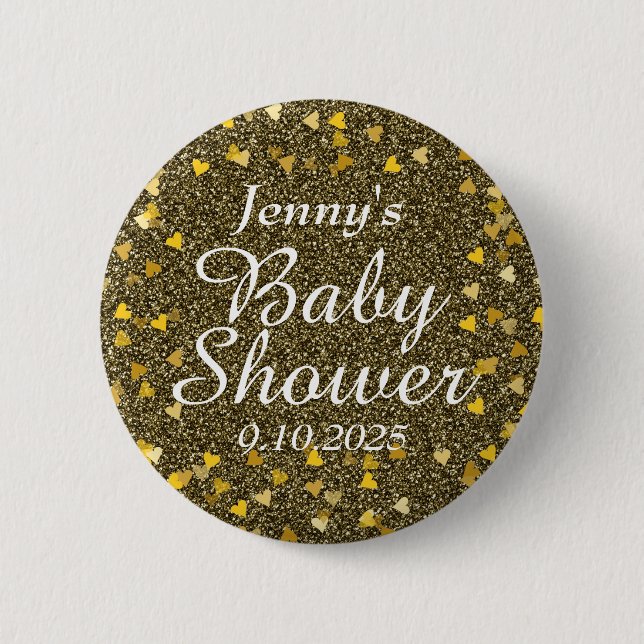 Golden Glitter Love Hearts Baby Shower / Sprinkle Button (Front)