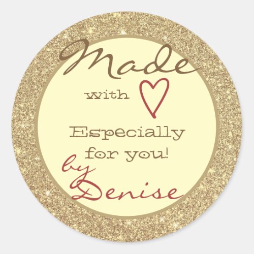Golden Glitter Made with Love Red Heart Signature Classic Round Sticker