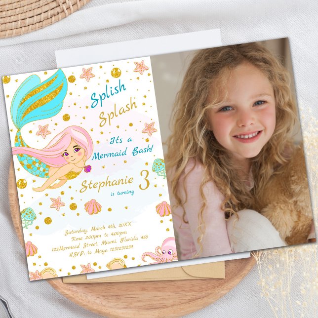 Golden Glitter Mermaid Birthday Invitation (Photo Golden Glitter Mermaid Birthday Invitations)