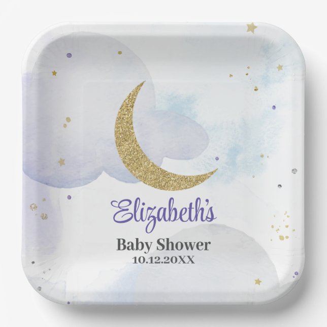 Golden Glitter Moon Baby Shower  Paper Plates (Front)