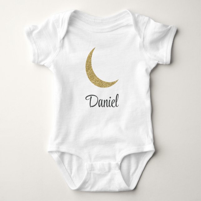 Golden Glitter Moon Custom Name Baby Bodysuit (Front)