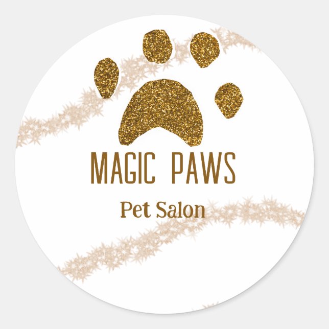 Golden glitter paws pet salon add name email websi classic round sticker (Front)