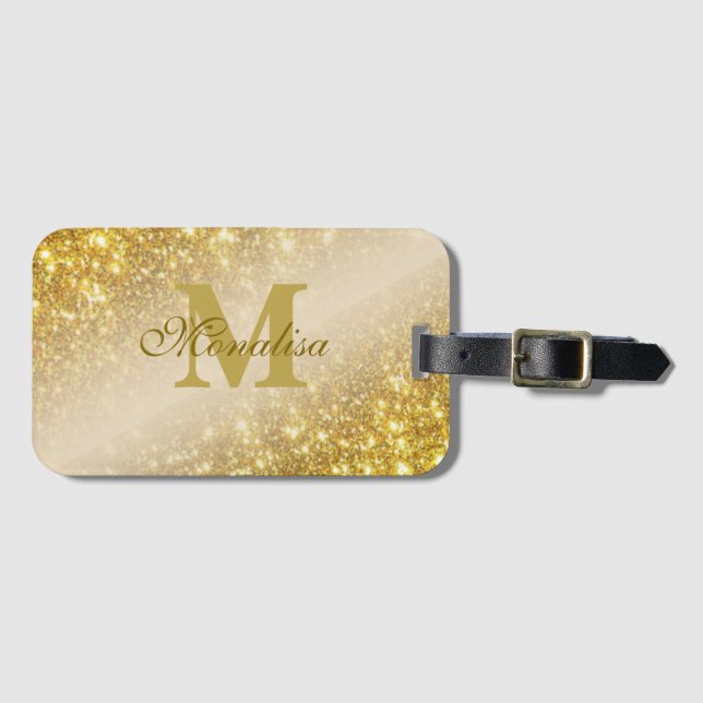 Golden glitter personalized luggage tag (Front Horizontal)
