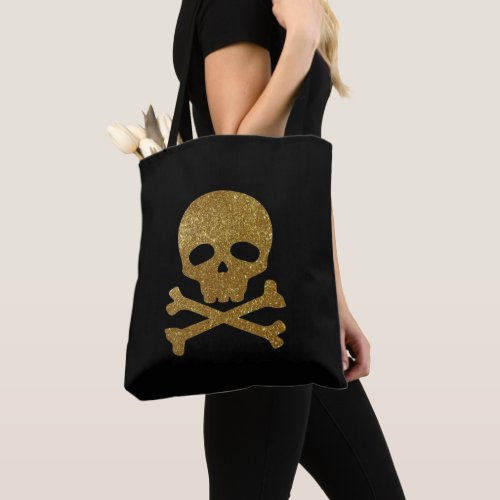 Golden Glitter Pirate Skull on Black Background Tote Bag