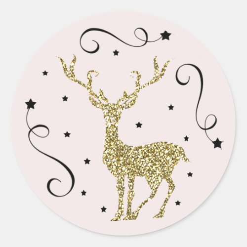 Golden Glitter Reindeer Blush Christmas Classic Round Sticker