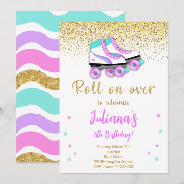 Golden Glitter Roller Skate Birthday Invitation (Front/Back)