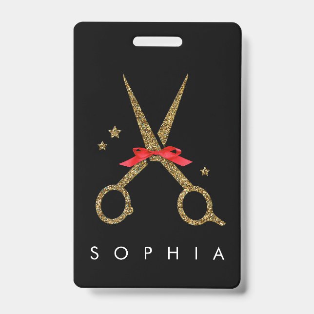 Golden glitter scissors - Hair stylist NAME Badge (Front)