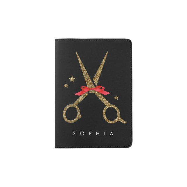 Golden glitter scissors - Hair stylist NAME Passport Holder (Front)